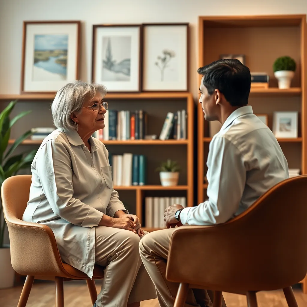A photorealistic image of a therapist and patient sitting across from each other in a warm, inviting office. The therapist is listening attentively to the patient, who is expressing their emotions and concerns. There are books and calming artwork on shelves in the background, creating a sense of trust and safety.