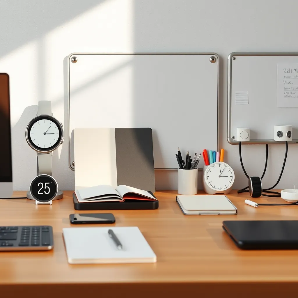 A photorealistic image of a well-organized workspace, with a minimalist aesthetic, showcasing various gadgets that help with time management and organization. The image should include a smart timer, a planner or notebook, a digital notepad, a whiteboard, and a cable management system. The lighting should be bright and natural, highlighting the details of the gadgets and creating a sense of clarity and order.  The image should be in 8K resolution, hyperrealistic, and ultra-detailed, with a focus on textures and materials.  The image should convey a sense of efficiency and control, with a balanced composition that showcases the functionality of each gadget.