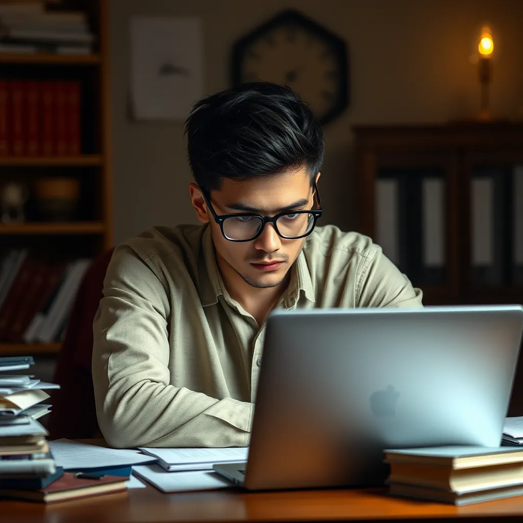 A photorealistic image of a young man sitting at a desk, looking thoughtful, with a laptop open in front of him, surrounded by books and papers. He is wearing glasses and has a concerned expression. The image should convey a sense of struggle and determination.
