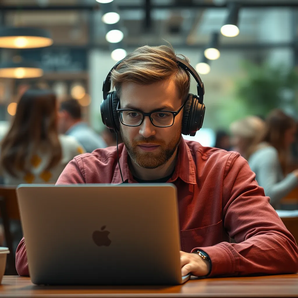 A photorealistic image of an adult with ADHD wearing noise-canceling headphones while working on a laptop in a busy coffee shop. The person should have a focused expression on their face, while the surrounding noise and people are blurred out.