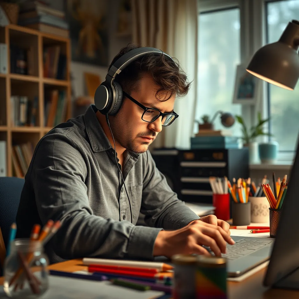 A photorealistic image of an adult with ADHD working on a creative project in a home office. They are wearing noise-canceling headphones, have a focused expression, and are surrounded by art supplies and a well-organized workspace.