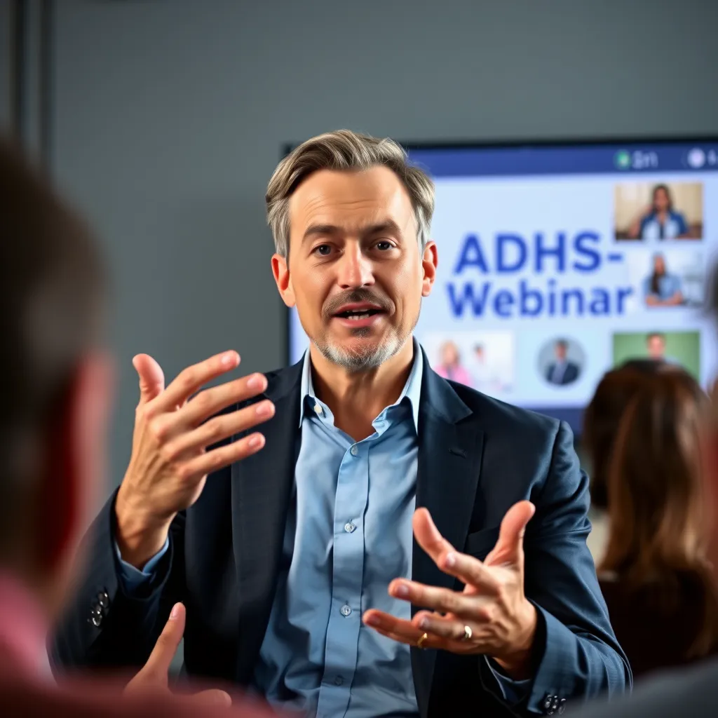  A professional-looking person, possibly a therapist or expert, speaking to a virtual audience during an online webinar. The background shows a screen with the title 'ADHS-Webinar' and some visual aids. The person is engaging, looking directly at the camera and using gestures to emphasize their points. The overall tone is confident and reassuring.