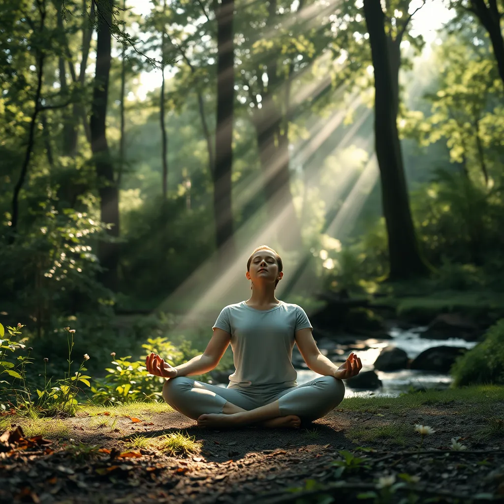 A serene scene depicting a person meditating in a peaceful forest setting. Soft, diffused sunlight filters through the trees, casting dappled patterns on the ground. The person is seated in a comfortable pose, their eyes closed, emanating a sense of calm and relaxation.  The image should convey a sense of tranquility and inner peace. The colors should be soft and muted, with a focus on greens, browns, and blues. The camera angle should be low, looking up at the person, emphasizing their connection to nature. The image should be highly realistic, with detailed textures and soft lighting. The background should include lush foliage, a gentle stream, and perhaps some wildflowers.  The overall mood should be one of peace, serenity, and deep relaxation. Style:  Reminiscent of the work of Ansel Adams or Hiroshi Sugimoto. 8K resolution, photorealistic, ultra-detailed.