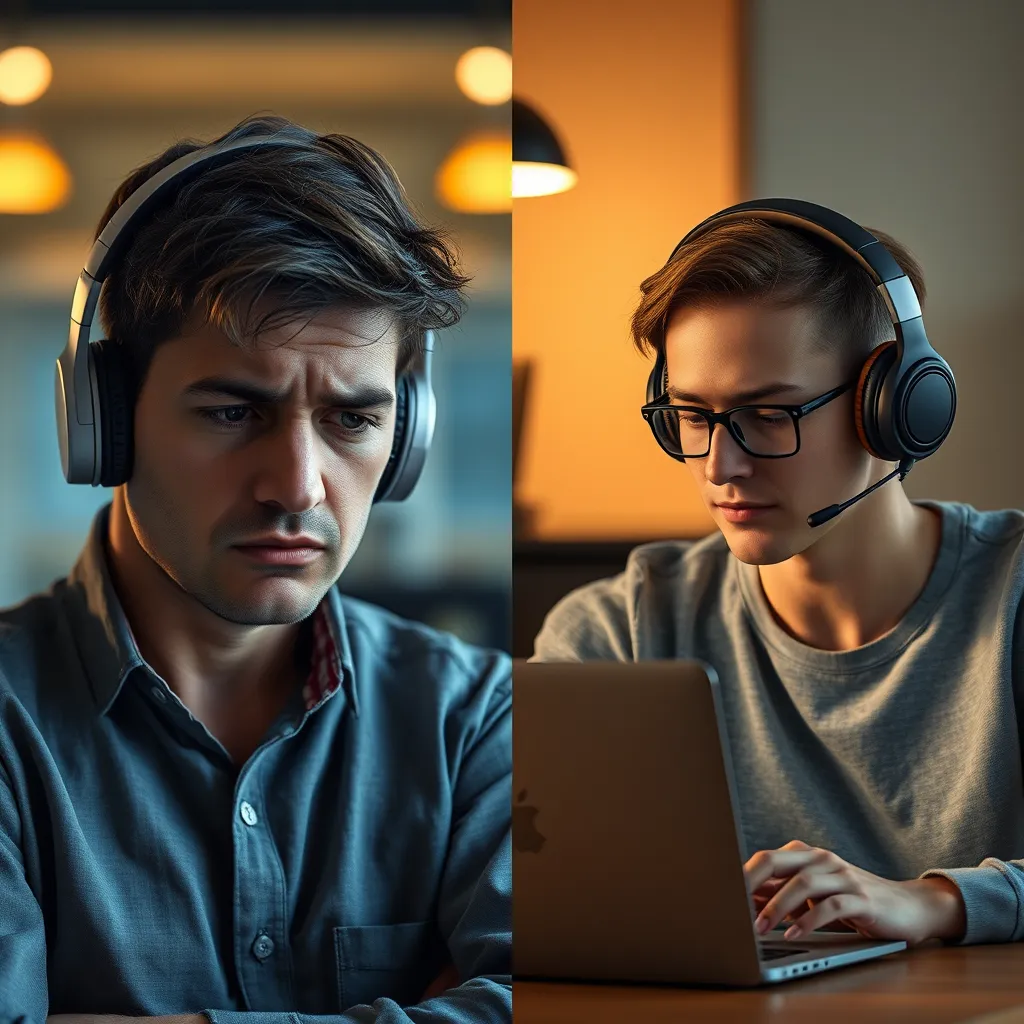 A split-screen image. On the left, a person with ADHS wearing in-ear headphones, looking stressed and uncomfortable. On the right, a person with ADHS wearing over-ear headphones, looking relaxed and focused while working on a laptop.
