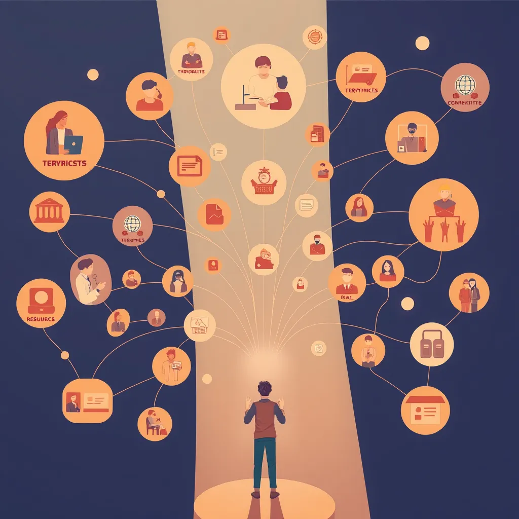 A stylized illustration depicting a network of interconnected resources, such as therapists, support groups, and educational programs, reaching out to a person with a neurodivergent condition. The illustration should highlight the importance of connection and collaboration.