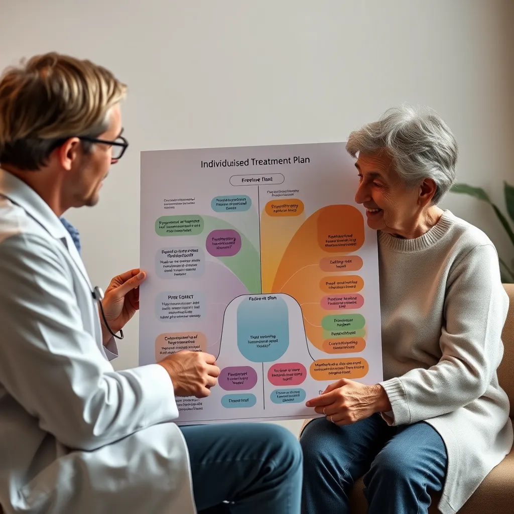 A therapist and a patient are sitting together, both looking at a large, colorful diagram, representing the individualised treatment plan. The diagram includes elements of psychotherapy techniques, medication options, and lifestyle modifications, demonstrating a holistic approach.