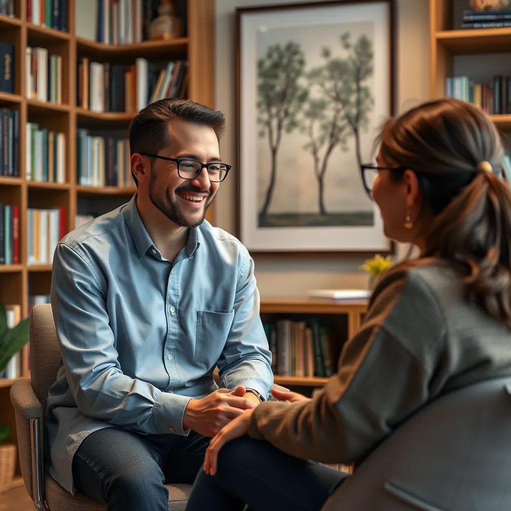 A therapist is sitting with a patient in a cozy, inviting office. The therapist is smiling and listening attentively as the patient talks about their experiences. The background features bookshelves filled with therapy-related literature and a calming, nature-themed artwork.