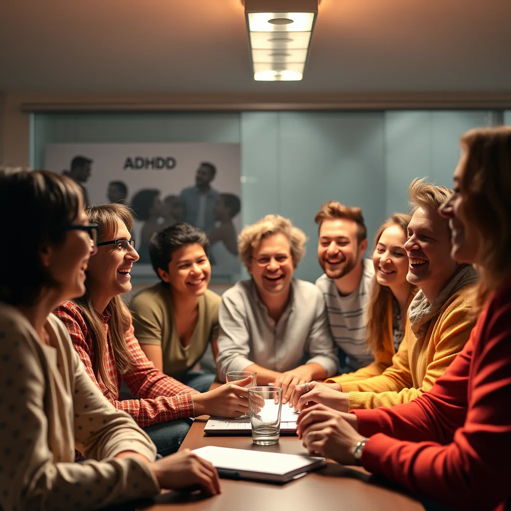A vibrant and inclusive group of people with ADHD laughing and sharing experiences in a online group chat room, with positive comments about their journey in overcoming procrastination.