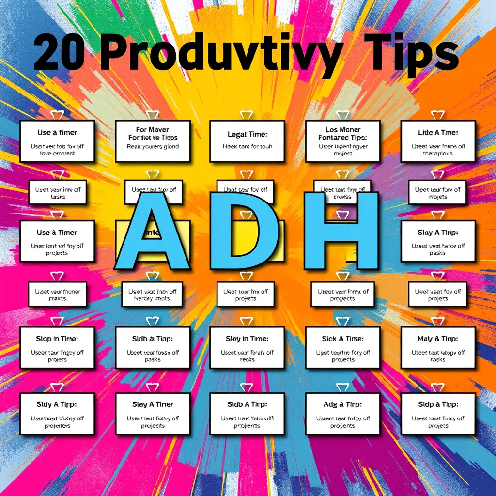 A visually appealing and energetic image that depicts 20 unique productivity tips for adults with ADHD. The image should have a vibrant, abstract background with bursts of color.  There are 20 small, individual frames each with a specific tip, for example "Use a timer for tasks" or "Break down large projects." The text in each frame should be visually engaging and easy to read. The overall style should be modern and inviting, with a playful feel that reflects the energy and creativity of adults with ADHD. Ultra-high quality, 8K resolution, photorealistic.