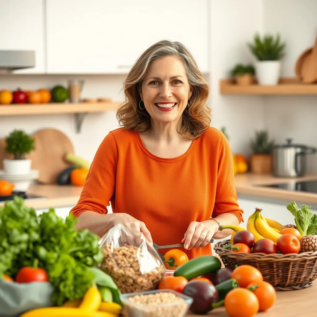 A woman in her 40s or 50s preparing a healthy meal in her kitchen. The image should show a variety of colorful fruits, vegetables, and whole grains. The woman is smiling and looks happy and healthy. The kitchen is bright and airy, conveying a sense of well-being and vitality.
