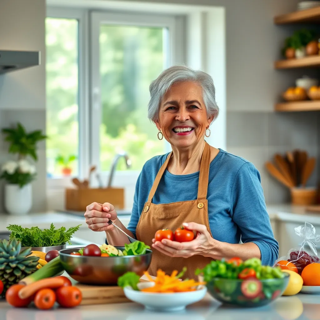 A woman in her 50s, with a bright and cheerful smile, cooking a healthy and colorful meal in her kitchen. The image should showcase a modern and functional kitchen, filled with natural light and fresh ingredients. The woman's expression should exude a sense of joy and ease.