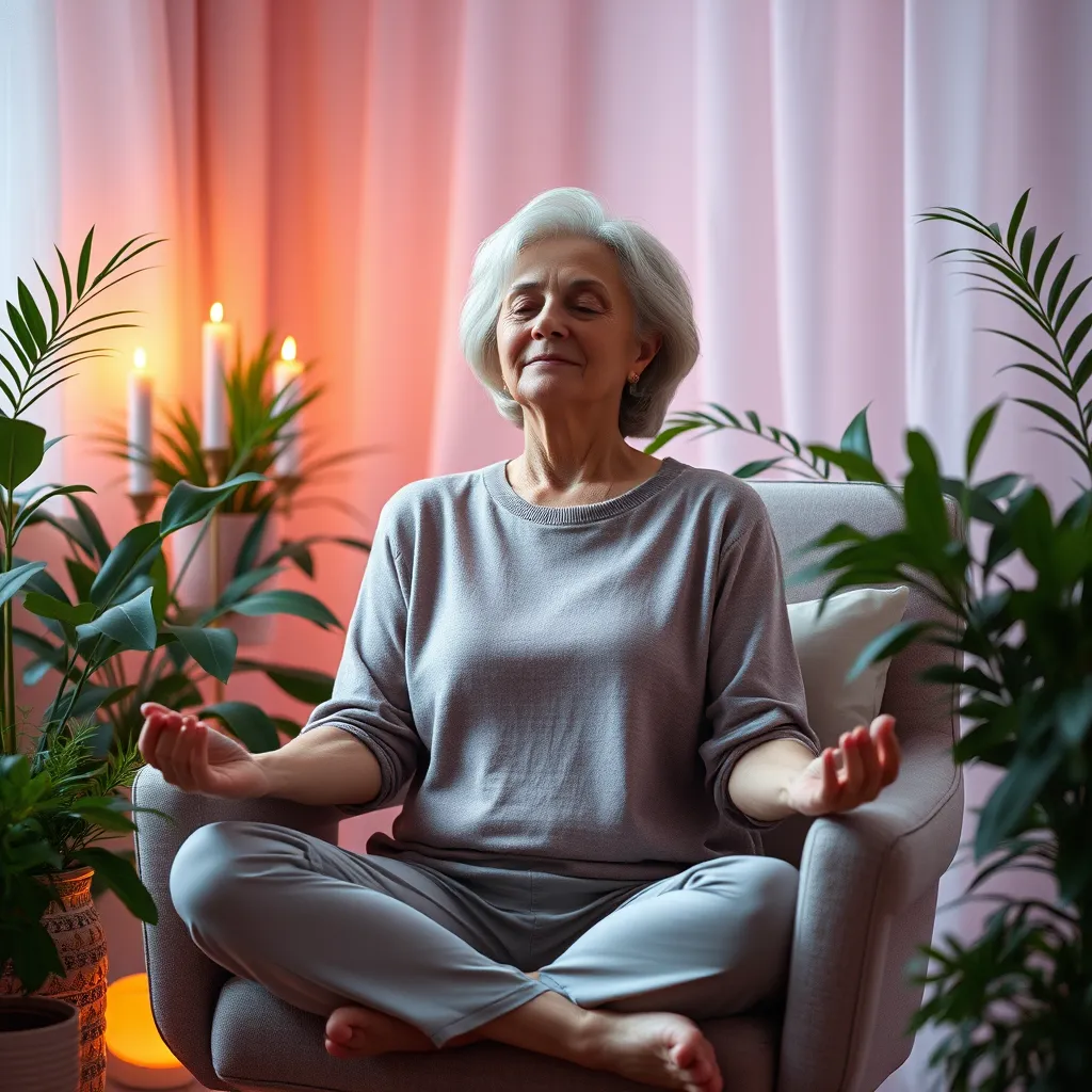 A woman in her 50s sitting in a comfortable chair, surrounded by plants and candles, meditating with a relaxed expression. The room is filled with soft, warm lighting and calming colors like pastel pink and lavender.  The image should convey a sense of peace, tranquility, and self-care.