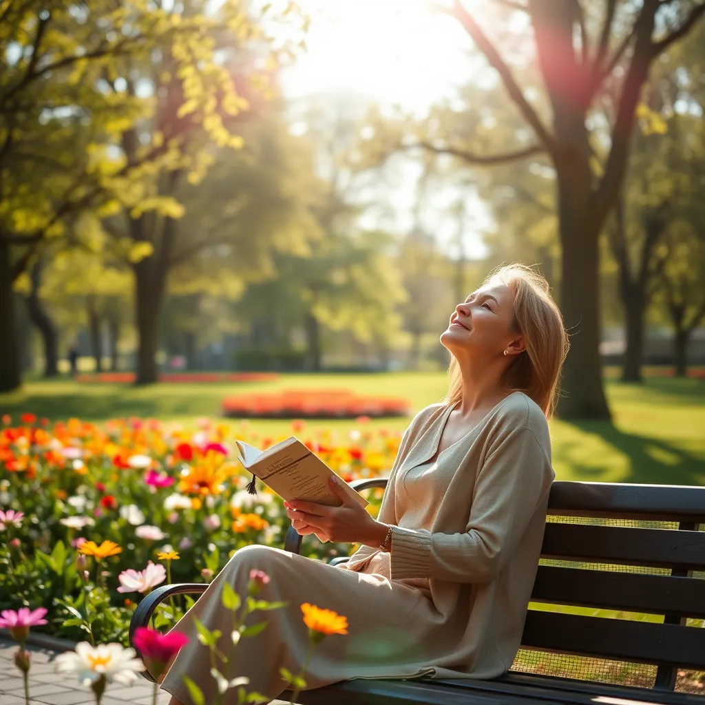 A woman is sitting on a bench in a park, surrounded by beautiful flowers and trees. She is holding a book in her hand, but she is not reading. She is looking at the sky, with a serene expression on her face. The sun is shining brightly, and the air is filled with the sound of birds singing. The woman is radiating a sense of peace and tranquility.