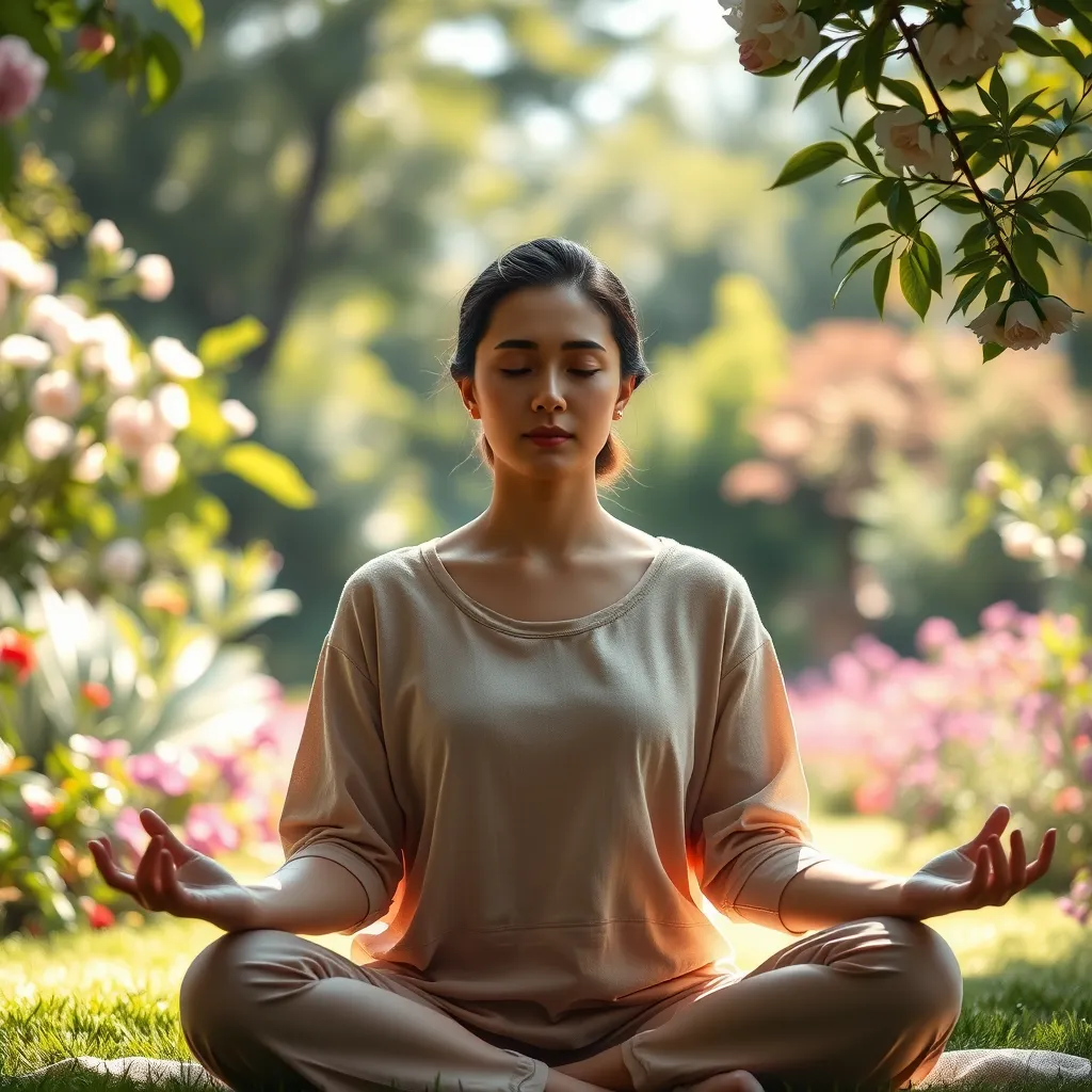 A woman meditating in a peaceful garden setting. She is wearing comfortable clothes and has a calm expression on her face. The scene is bathed in soft, natural light and the air is filled with the scent of blooming flowers.  The image should convey a sense of serenity and relaxation.