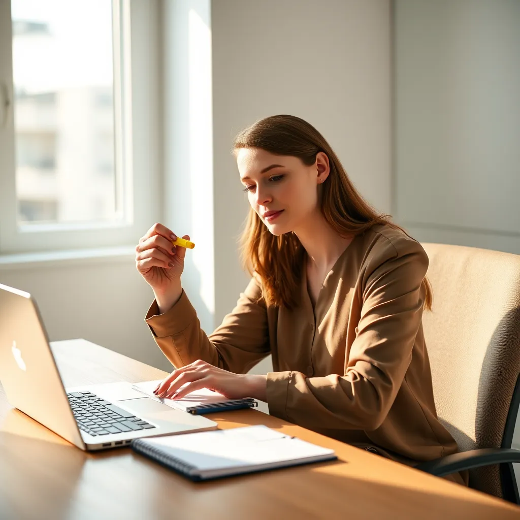 A woman sitting at a desk with a laptop and a notepad, using a highlighter to mark out time blocks on a calendar. The background is a minimalist office setting with natural light.