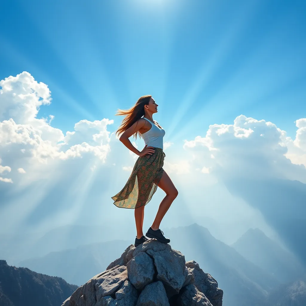 A woman standing on a mountain peak with a panoramic view, feeling confident and empowered. The background is a clear blue sky with rays of sunlight breaking through clouds, symbolizing resilience and strength.