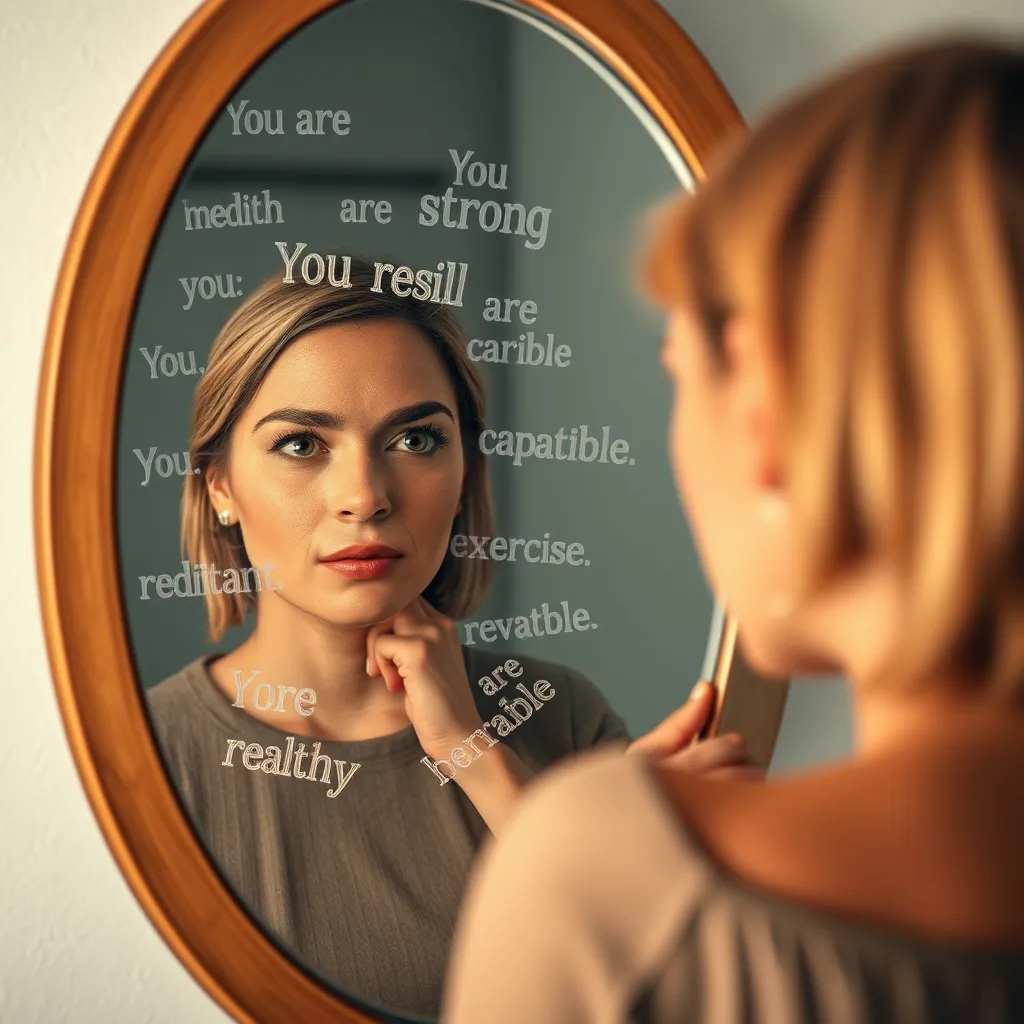 A woman with a determined expression looking at a mirror, seeing a reflection of herself surrounded by positive affirmations like "You are strong", "You are resilient", and "You are capable". The image should be bright and encouraging, with the mirror reflecting a diverse range of coping mechanisms such as meditation, exercise, and healthy eating.