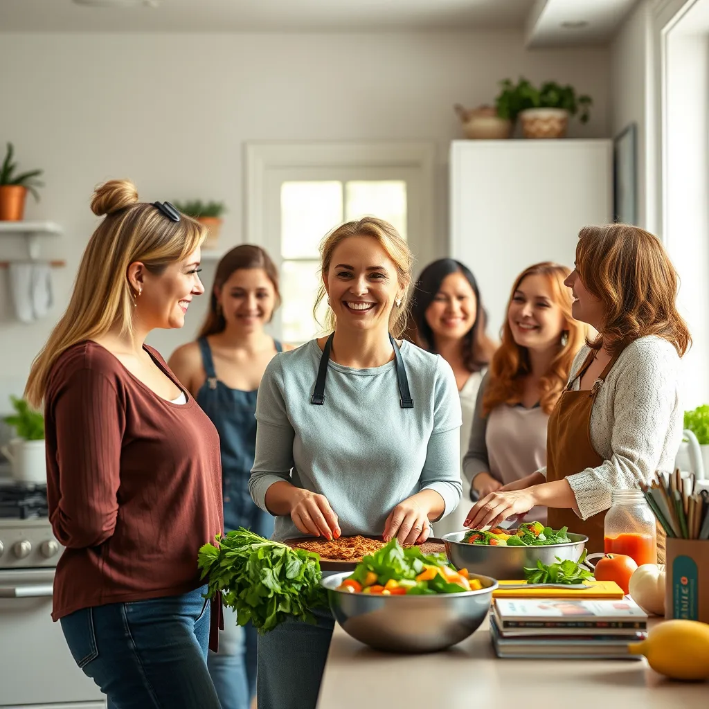 A woman with a warm, welcoming smile is standing in a bright and spacious kitchen, showing a group of women how to prepare a healthy and delicious meal. They are all smiling and laughing together. The kitchen is decorated with fresh herbs and vegetables, and there are cookbooks and healthy snacks on the counter.