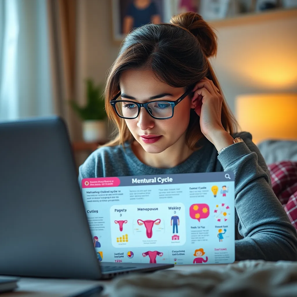 A woman with ADHD, looking at a website on a laptop, with a bright and colorful infographic explaining the menstrual cycle and menopause in a simplified way, with friendly illustrations and easy-to-understand language.
