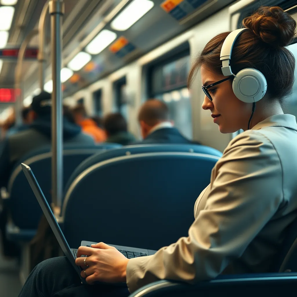 A woman with ADHD sitting on a train with headphones on, focused on her laptop, working productively.  The train is crowded and noisy, but she appears calm and concentrated. Her laptop screen is displaying a document, with a professional and focused vibe. The image highlights a sense of efficiency and calm productivity, even in a busy environment.