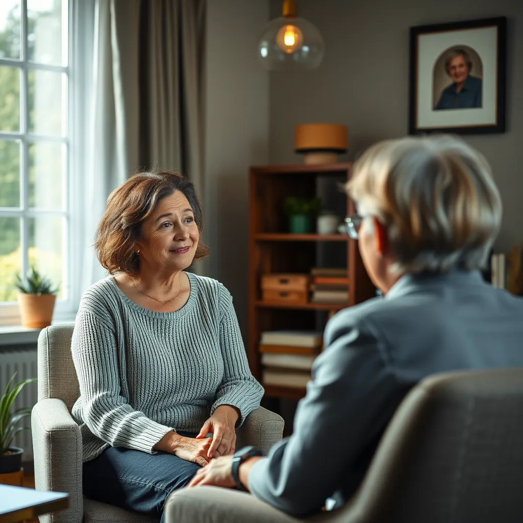 A woman with ADHD sitting with a therapist, talking about her experiences with PMS and menopause. The setting is a cozy and inviting office with natural light.