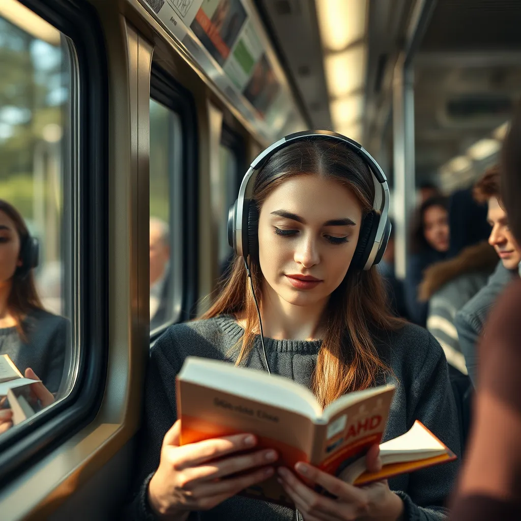 A woman with ADHD wearing noise-cancelling headphones on a crowded train, reading a book with a focused expression. The train is bustling with people and the windows are blurred with motion, but she appears calm and serene in her own bubble of silence.  The lighting is natural, coming from the windows, and there is a sense of peace and tranquility in the image.