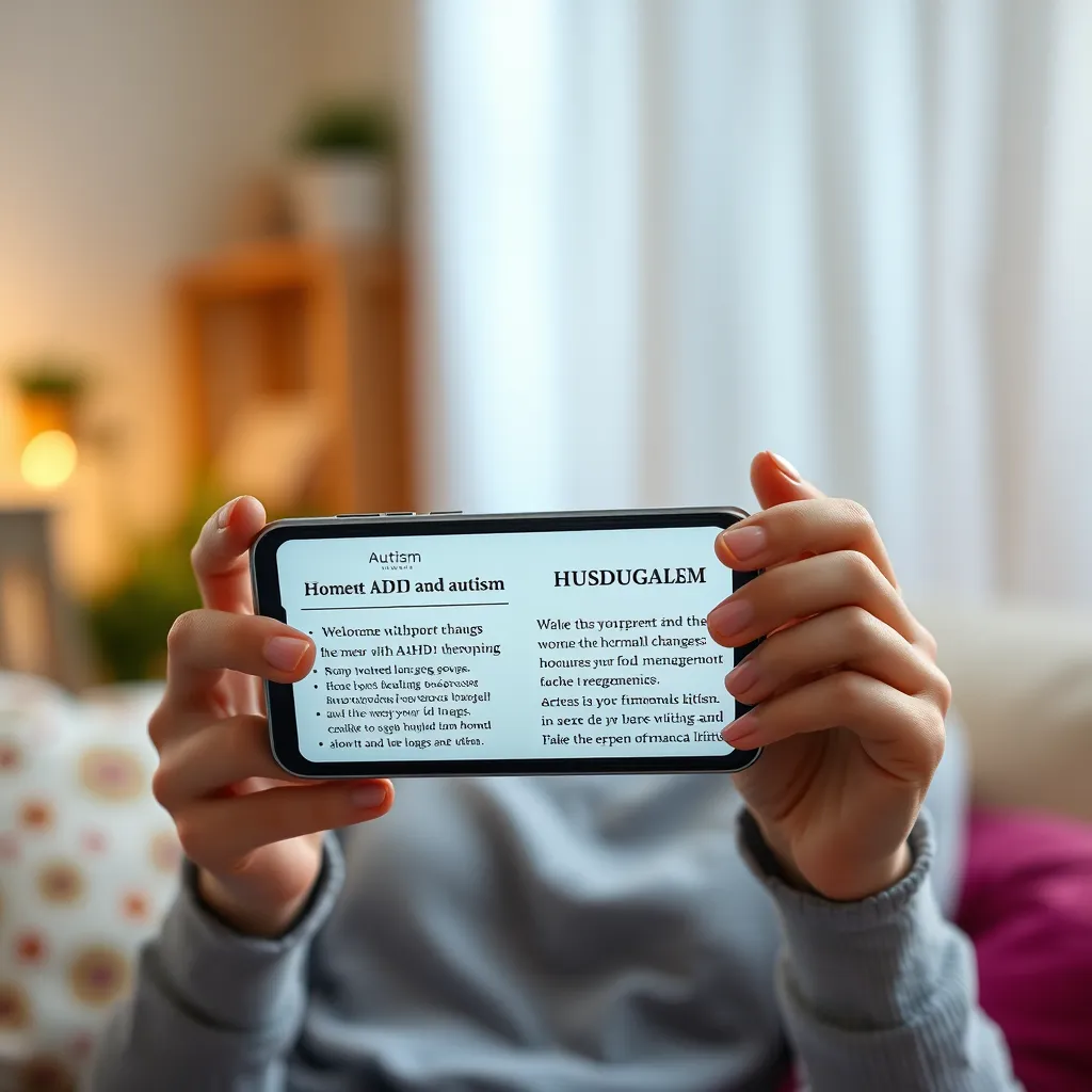 A woman with autism, holding a smartphone displaying a website with links to support groups, therapists, and other resources for women with ADHD and autism experiencing hormonal changes, with a comforting and encouraging environment.