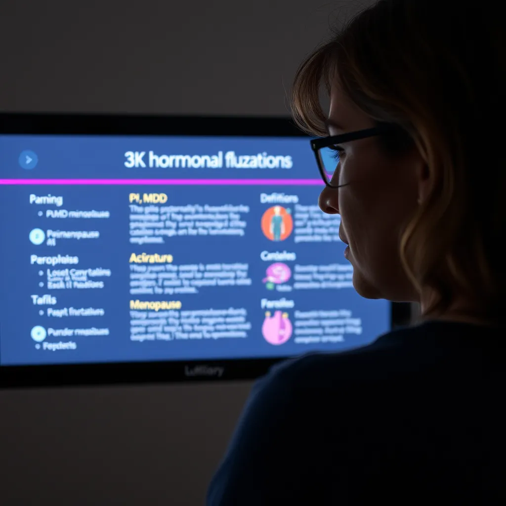 A woman with autism spectrum disorder looking at a screen displaying a glossary of terms related to hormonal fluctuations, including PMS, PMDD, Perimenopause, and Menopause. The glossary is visually appealing with clear definitions, illustrations, and easy-to-understand language.