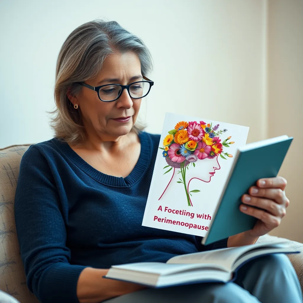 A woman with autism spectrum disorder reading an e-book about coping with perimenopause. The e-book cover shows a colorful illustration of a woman with a brain made of flowers, symbolizing the interconnectedness of hormones and mental well-being.