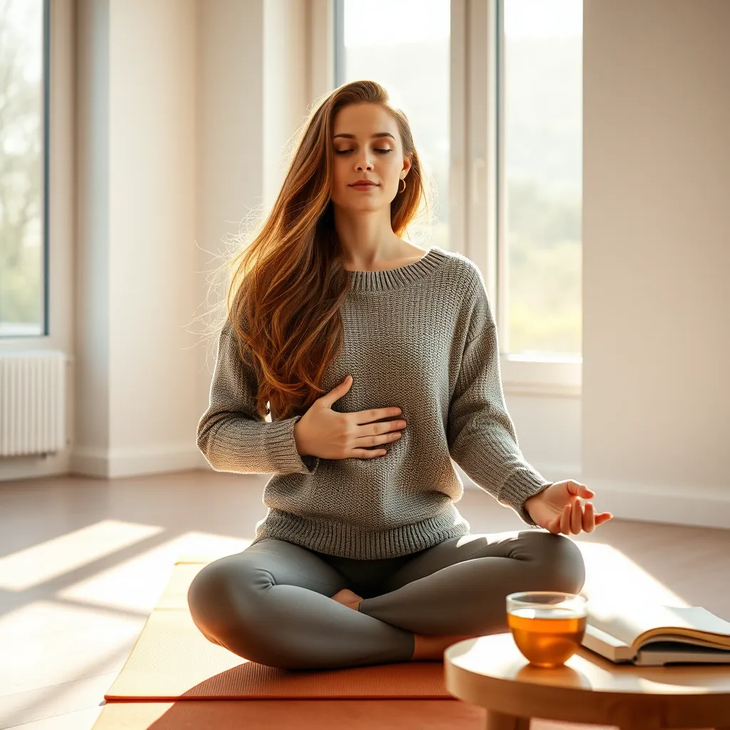 A woman with long, flowing hair, wearing a comfortable sweater and leggings, practices mindfulness meditation on a yoga mat in a bright, minimalist room.  She has a serene expression, and her hands are resting on her abdomen.  Sunlight streams through a large window behind her.  On a nearby table are a book about mindfulness and a cup of herbal tea. The image conveys a sense of peace and tranquility.