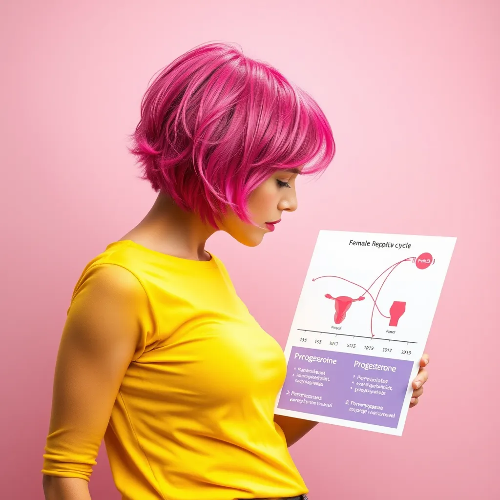 A woman with short, choppy, vibrant pink hair, wearing a bright yellow top and jeans, is looking at a diagram depicting the female reproductive cycle. The diagram shows the fluctuating levels of estrogen and progesterone throughout the cycle, highlighting the differences in hormone levels during PMS, PMDD, perimenopause, and menopause. The background is a soft, pastel pink with a subtle, swirling pattern.