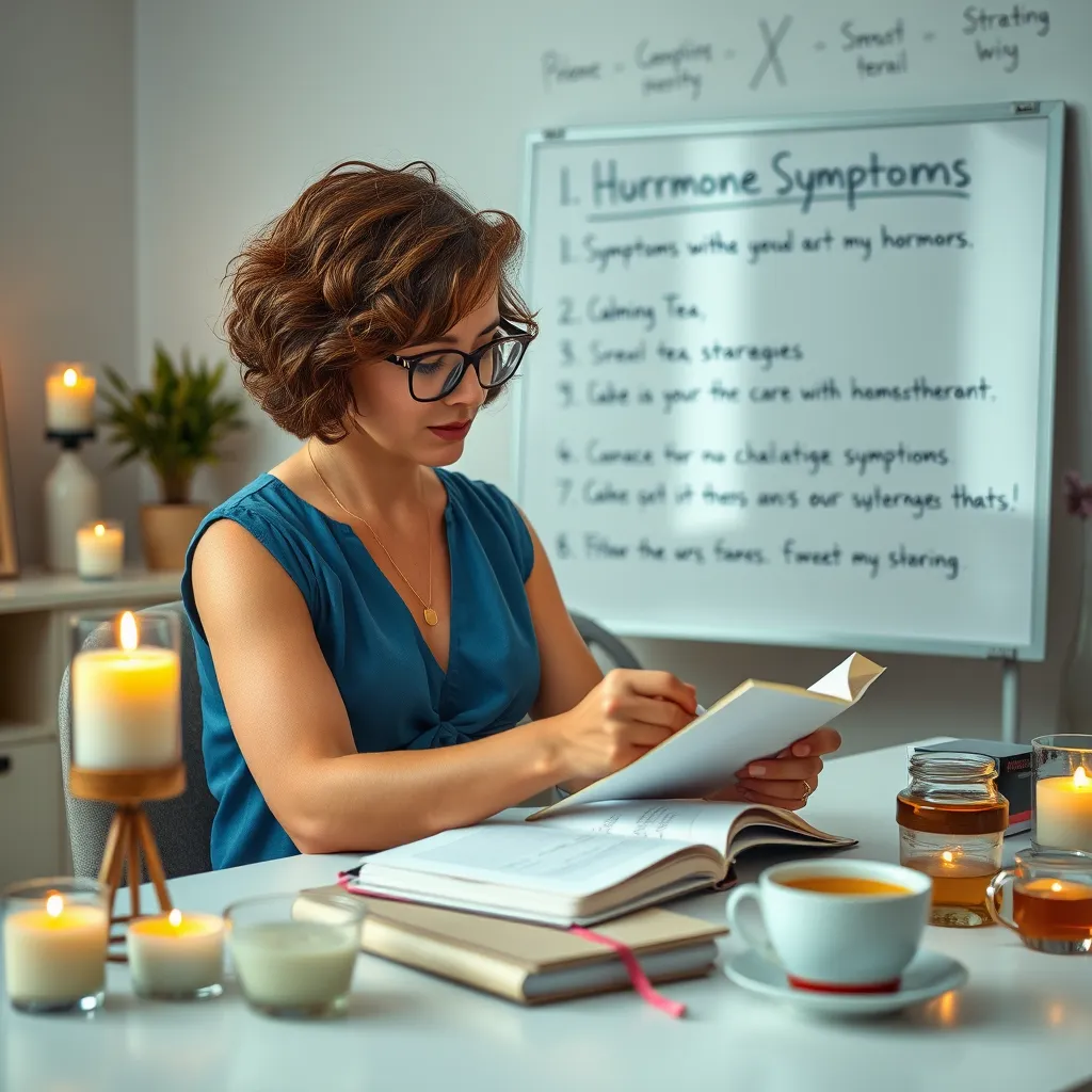 A woman with short, curly brown hair, wearing glasses and a blue dress, sits at a desk surrounded by various self-care items like aromatherapy candles, calming teas, and a journal. She is writing in the journal, focusing on a specific symptom related to her hormone fluctuations. In the background, a whiteboard shows a list of potential symptoms and strategies for managing them.