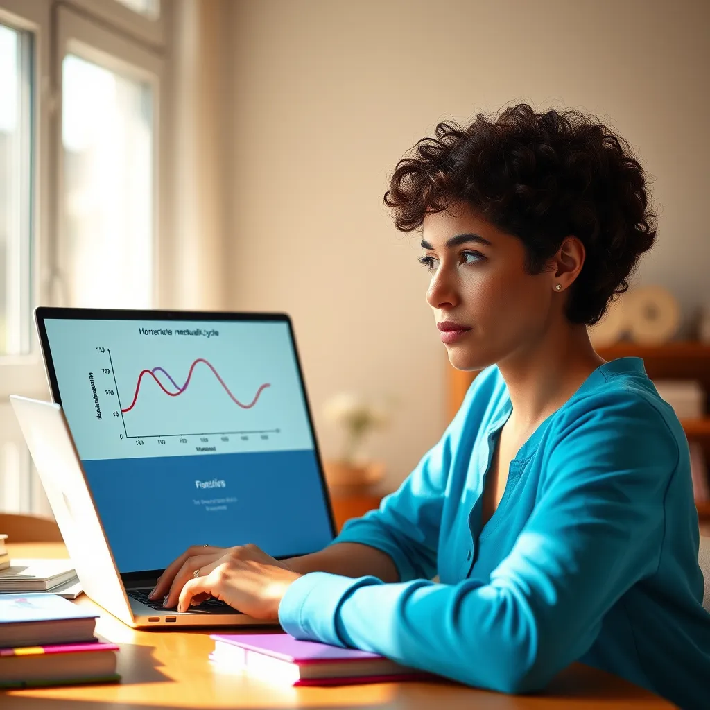 A woman with short, curly hair, wearing a bright blue shirt, sits at a table in a sunny room, looking thoughtfully at a laptop screen.  On the screen, a simplified diagram shows the fluctuation of hormones during a woman's menstrual cycle.  The woman's expression is a mix of curiosity and understanding.  She is surrounded by books and colorful notepads.  The atmosphere is calm and inviting.