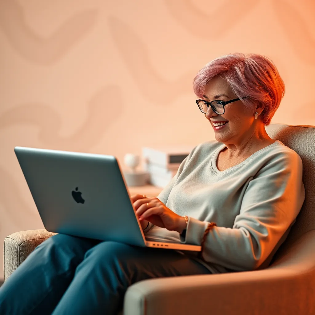 A woman with short, pink hair, wearing a casual outfit, sitting in a comfortable chair with a laptop in her lap. She is smiling and looking at the laptop screen, which displays a website with information about menopause. The background is a soft, abstract pattern.