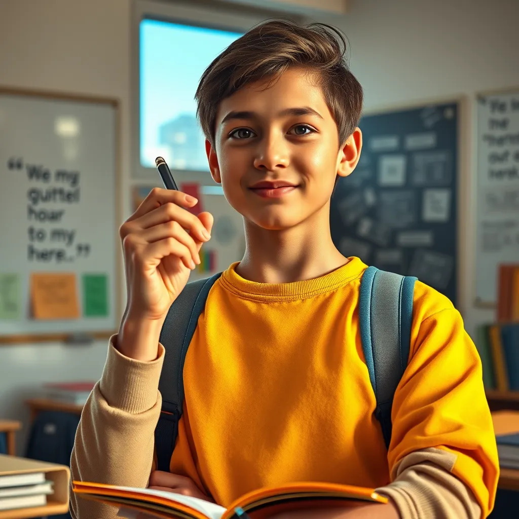 A young person, perhaps a student, standing confidently in a classroom setting. The student is surrounded by books and other learning materials, but they exude an air of calm focus and determination. They are holding a pen in their hand, ready to tackle their studies with newfound confidence. The image should convey a sense of empowerment and optimism. The lighting should be bright and natural, with a soft glow highlighting the student's face. The color palette should be warm and inviting, featuring shades of yellow, orange, and blue. The camera angle should be slightly low, looking up at the student, emphasizing their strength and resilience. The image should be hyperrealistic, with detailed textures and vibrant colors. The background should include a whiteboard with inspiring quotes or diagrams, and perhaps a window with a view of a sunny cityscape.  The overall mood should be one of hope, confidence, and a positive outlook on learning. Style:  Inspired by the work of David LaChapelle or Cindy Sherman. 8K resolution, photorealistic, ultra-detailed.