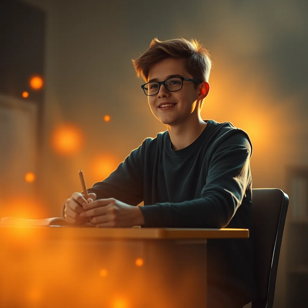 A young student sitting at a desk, confidently studying. The student is surrounded by a warm, glowing light that represents the release of anxiety and blockades. The image should depict a sense of progress and positive energy.