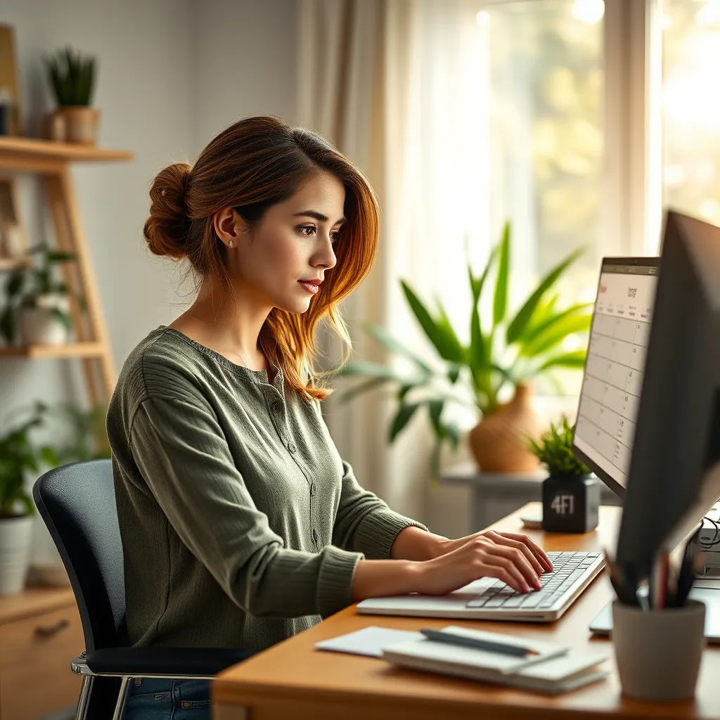 A young woman working at her desk in a home office. She is organized and focused, with a calendar, a to-do list, and a time-boxing app open on her computer. The background shows a bright and airy room with plants and natural light.