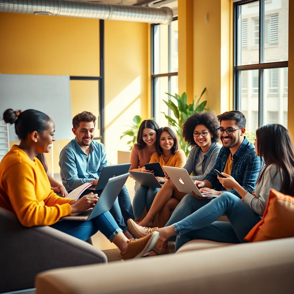 Generate a photorealistic, ultra-high quality image for a landing page about online group coaching for adults with ADHD. The image should depict a group of diverse people, aged 25-45, sitting in a bright and modern office space. They are engaged in a lively discussion, using laptops and notebooks, with smiles on their faces and a sense of positive energy. The lighting should be natural and bright, streaming through large windows. The color palette should be vibrant and optimistic, featuring warm tones like yellows and oranges, with accents of blue and green. The camera angle should be slightly elevated, providing a wide shot of the group and their surroundings.  The scene should convey a feeling of community, collaboration, and support, emphasizing the positive impact of the coaching program. Include elements like whiteboards, plants, and comfortable furniture to enhance the welcoming atmosphere. The style should be modern and professional, referencing successful coaching websites. Aim for an 8K resolution and hyperrealistic detail for the image., ultra high resolution, photorealistic, 8K, hyperdetailed, cinematic lighting