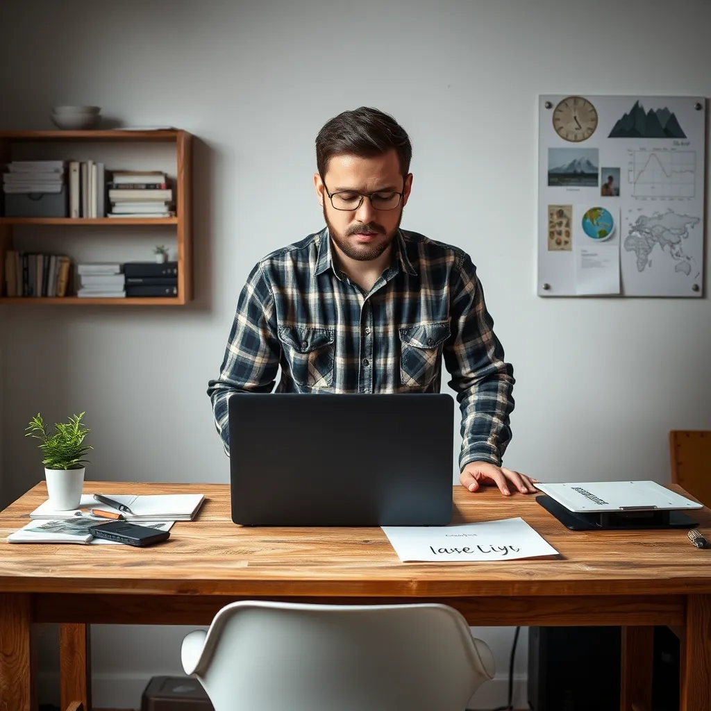 A warm, inviting living room with soft, diffused lighting.  A person, mid-thirties, sits at a desk, laptop open with the ADHSSpektrum.com logo on the screen. They are reading an article on the screen with a thoughtful expression.  The desk is organized with a cup of coffee, a journal, and a potted plant.  The background features bookshelves filled with books and personal photos.  The image should be in a realistic style with warm tones and a sense of peace and quiet. 8K resolution, photorealistic, ultra-detailed.