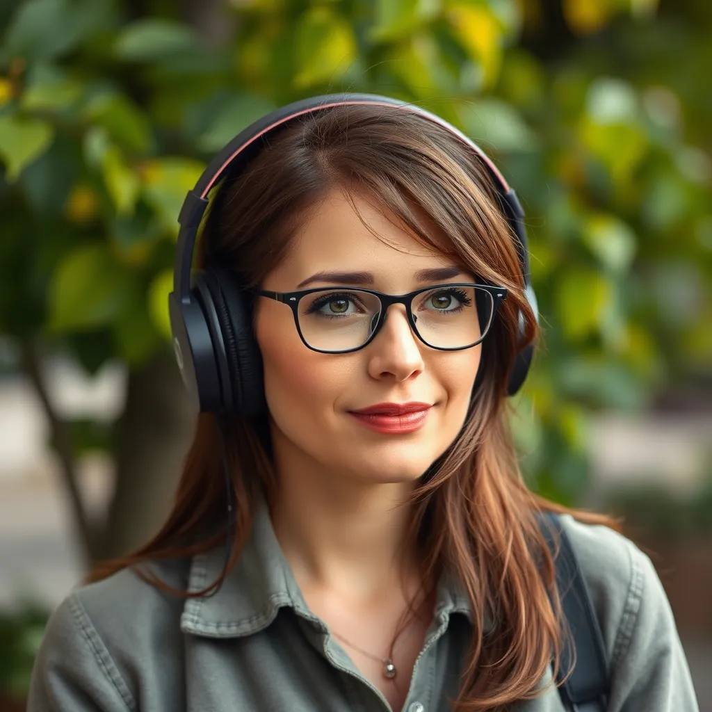 A photorealistic image of a person with ADHD sitting on a park bench, wearing noise-canceling headphones and taking deep breaths. The background should show a serene park setting with soft sunlight and green trees.