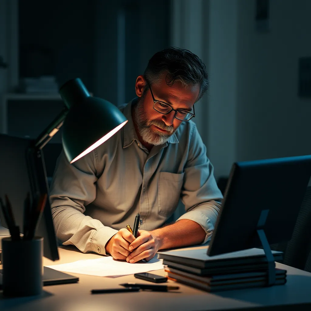 A person with ADHS using a light therapy lamp while working on a task, looking focused and alert. The background is a bright and airy workspace with plants and natural light.