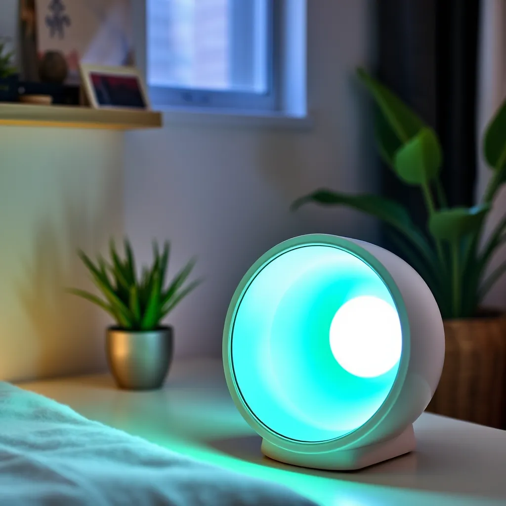 A photorealistic image of a person with ADHD sitting on a couch, relaxing with a light therapy lamp. They are smiling and appear calm and relaxed, with a bright light shining on their face.