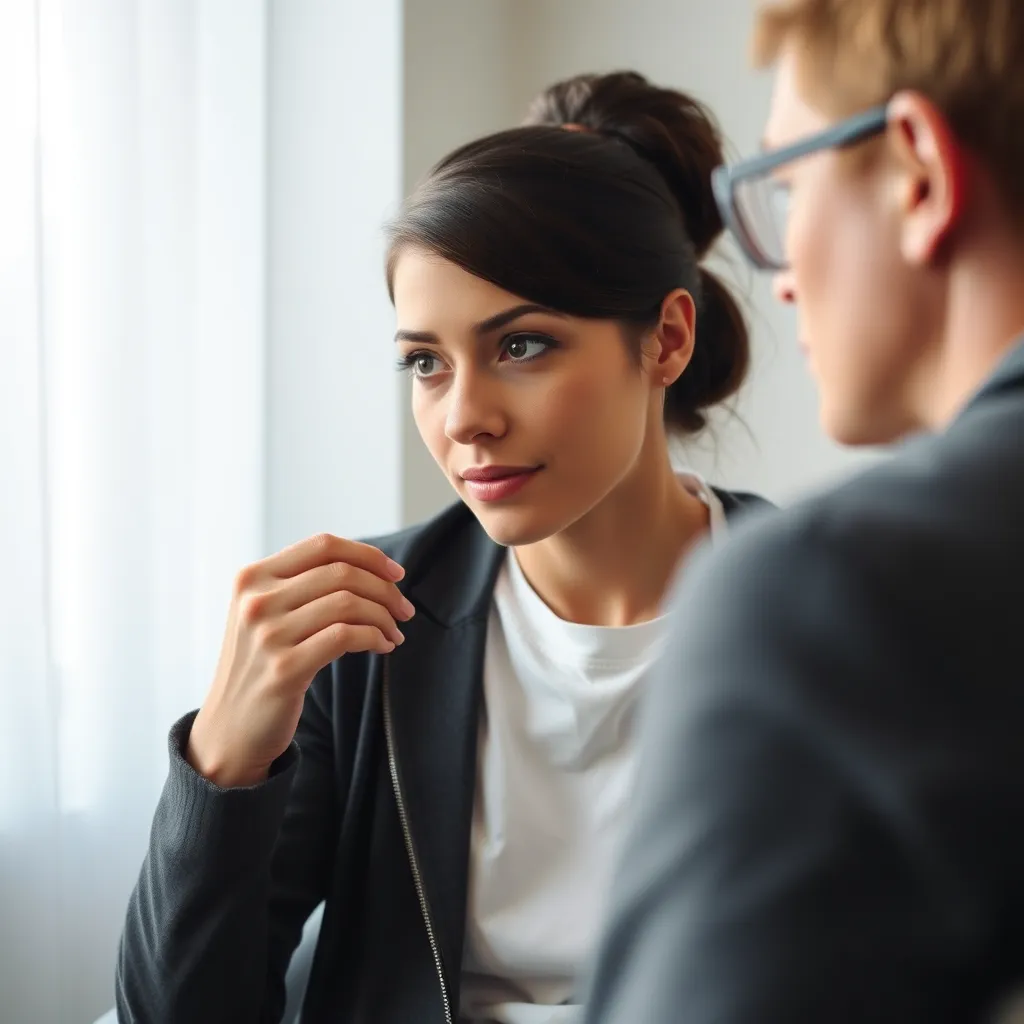 A doctor and a therapist sitting at a table, discussing a patient's case. They are looking at a notebook and a diagram showing the brain with highlighted areas related to ADHD. The background is a modern office with warm lighting and a large window overlooking a city park.