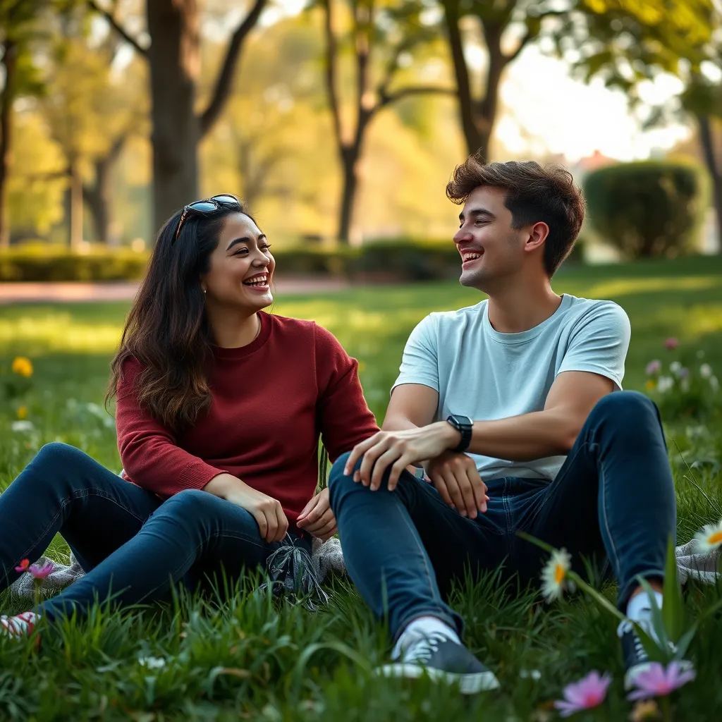 Two friends sitting in a park, talking and laughing. They are both smiling and seem happy and relaxed. They are surrounded by green grass, flowers, and trees. There is a feeling of warmth and friendship in the image.