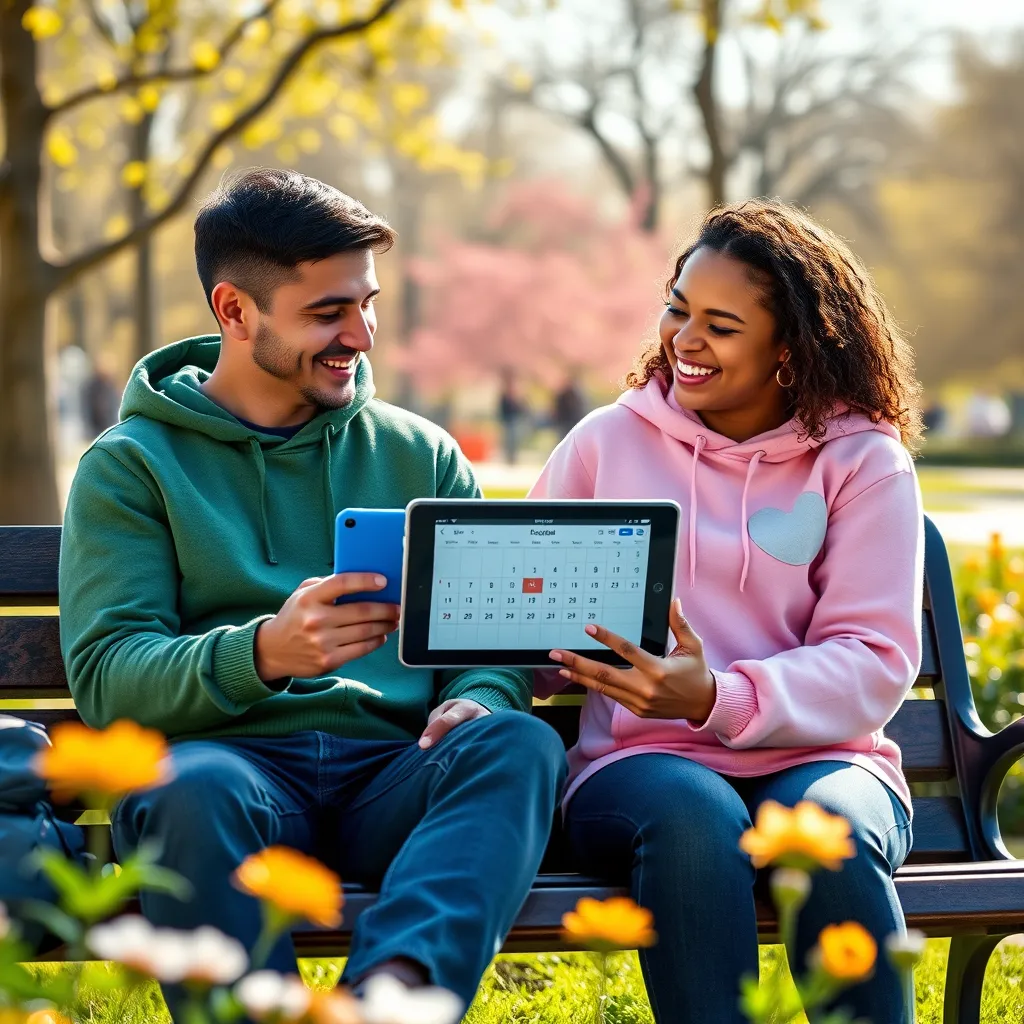Two people, one with a green and one with a pink hoodie, sitting on a park bench. They are both looking at a digital tablet showing a calendar, talking about a shared goal.  They are both smiling and laughing together.  The background is a bright and sunny park with trees and flowers.