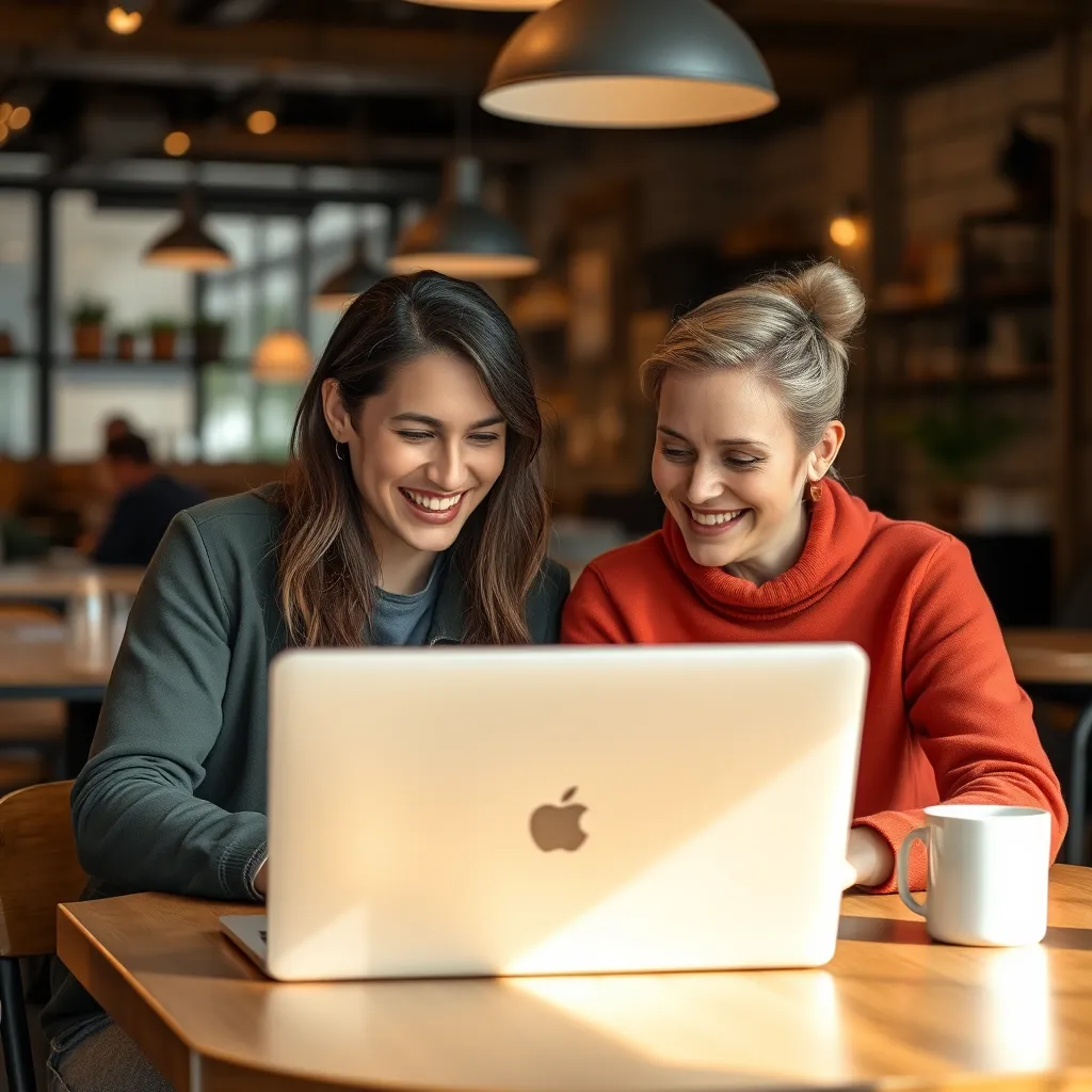 Two people, one with ADHD and one without, are sitting at a table in a coffee shop, looking at a laptop screen together and talking. They are both smiling and supportive. The background is a warm and inviting coffee shop atmosphere.