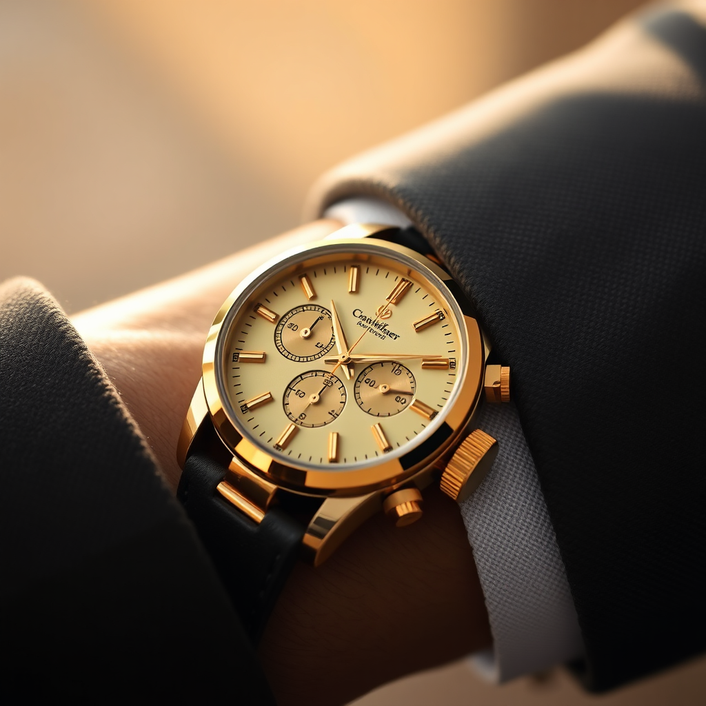 Gold chronograph watch on wrist