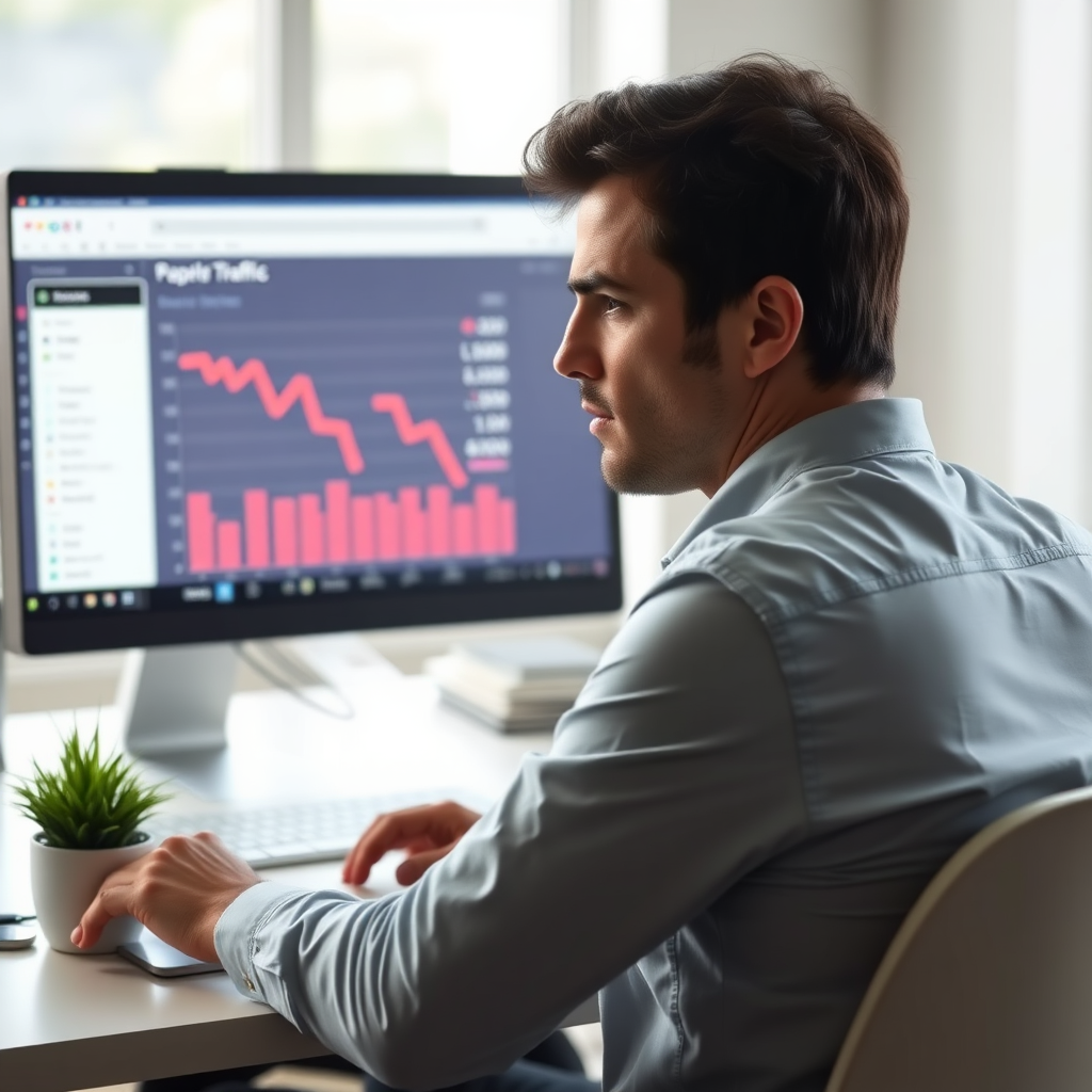 Frustrated business owner looking at declining website stats