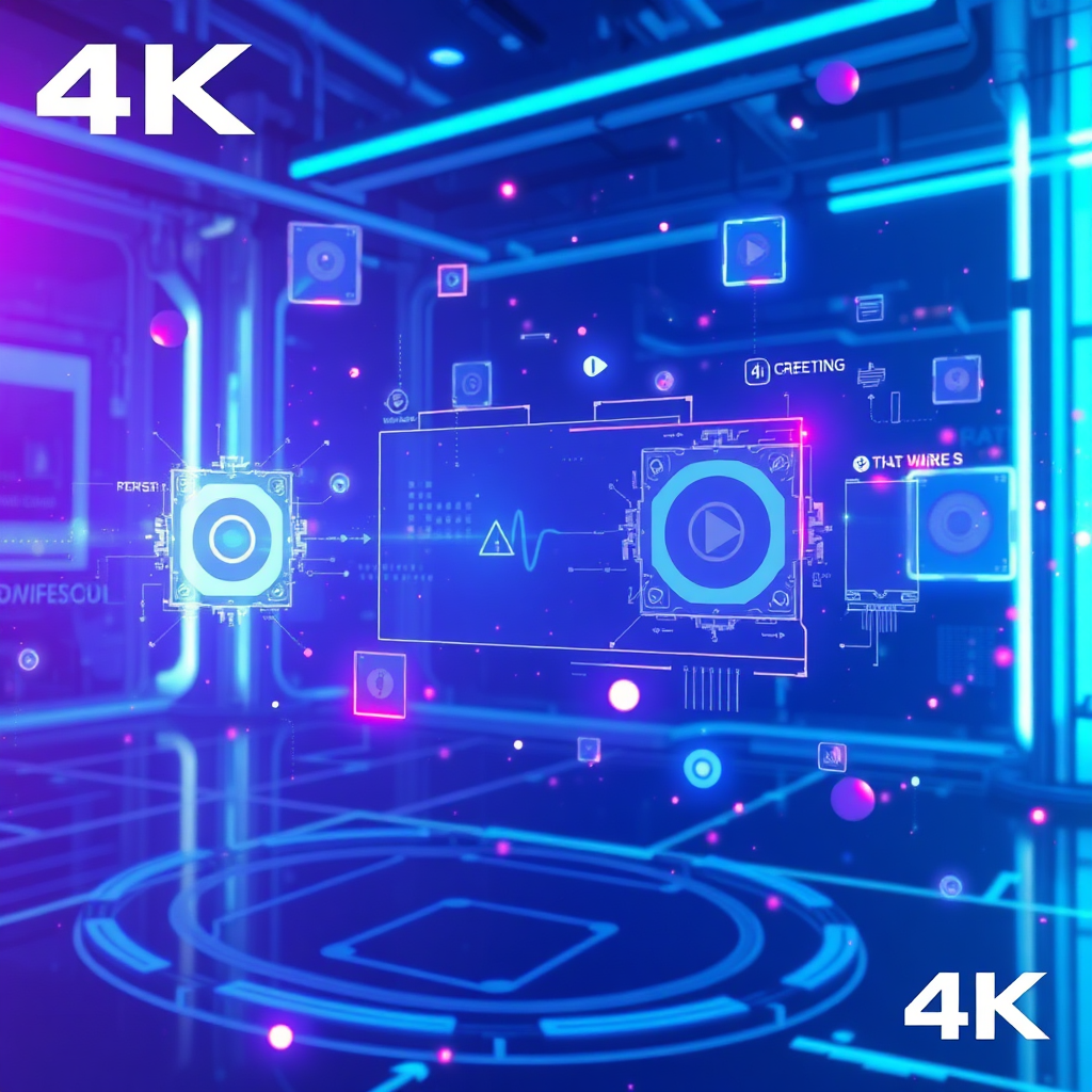 A high-tech futuristic scene showing AI creating a dynamic video with floating graphic elements. Blue and purple color scheme. 4K resolution.