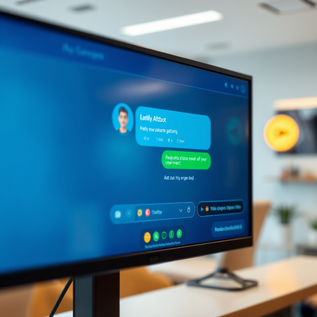 A photorealistic image of a chatbot interface. A screen displays a chat window with a friendly AI avatar responding to customer inquiries. Lighting is soft and inviting, with warm color accents. The color palette should be primarily blues and greens, with accents of yellow and orange to represent helpfulness and efficiency. The camera angle is a close-up, focusing on the screen and the chatbot interaction. Texture details should be smooth and polished, representing a seamless user experience. The environment is a clean, modern workspace with subtle branding elements. Style references: modern tech, customer service, AI assistance. Technical specs: 4K resolution, high-quality rendering.